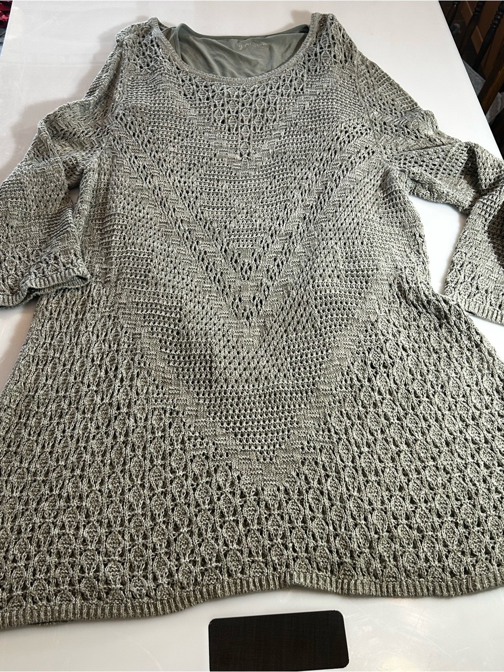 Chico's Layered Chevron Textured Open-Knit Midi Dress Sage Green Size 4 (20/22)